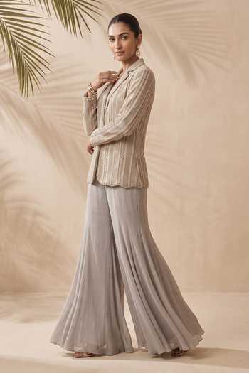 Aneesh Agarwaal Grey Silk Organza Notched Neck Devon Embroidered Jacket And Sharara Set Online at Aza Fashions Aneesh Agarwaal_Grey Silk Organza Notched Neck Devon Embroidered Jacket And Sharara Set _Online_at_Aza_Fashions