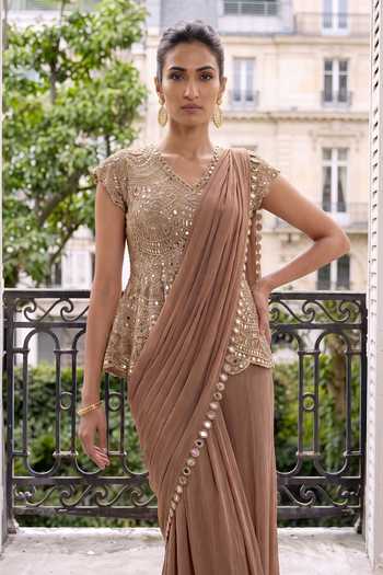 Aneesh Agarwaal_Gold Satin, Chiffon, Net V-neck Ember Pre-draped Sharara Saree With Peplum _Online_at_Aza_Fashions