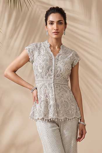 Aneesh Agarwaal Ivory Silk Organza, Tulle V-neck Sylvie Embroidered Peplum And Sharara Set Online at Aza Fashions Aneesh Agarwaal_Ivory Silk Organza, Tulle V-neck Sylvie Embroidered Peplum And Sharara Set _Online_at_Aza_Fashions