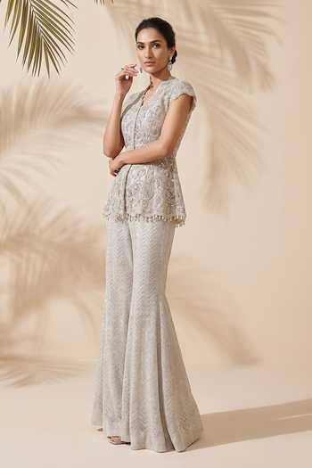 Buy Aneesh Agarwaal Ivory Silk Organza, Tulle V-neck Sylvie Embroidered Peplum And Sharara Set Online at Aza Fashions Buy_Aneesh Agarwaal_Ivory Silk Organza, Tulle V-neck Sylvie Embroidered Peplum And Sharara Set _Online_at_Aza_Fashions