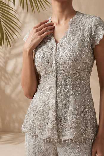 Shop Aneesh Agarwaal Ivory Silk Organza, Tulle V-neck Sylvie Embroidered Peplum And Sharara Set Online at Aza Fashions Shop_Aneesh Agarwaal_Ivory Silk Organza, Tulle V-neck Sylvie Embroidered Peplum And Sharara Set _Online_at_Aza_Fashions