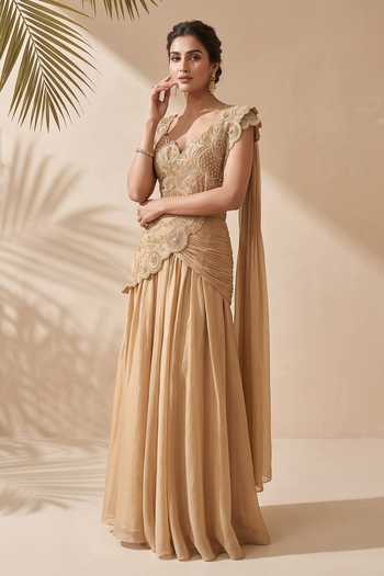 Aneesh Agarwaal Gold Tissue Sweetheart Neck Hazel Pre-draped Saree With Embroidered Blouse Online at Aza Fashions Aneesh Agarwaal_Gold Tissue Sweetheart Neck Hazel Pre-draped Saree With Embroidered Blouse _Online_at_Aza_Fashions