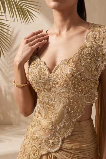 Buy Aneesh Agarwaal Gold Tissue Sweetheart Neck Hazel Pre-draped Saree With Embroidered Blouse Online at Aza Fashions Buy_Aneesh Agarwaal_Gold Tissue Sweetheart Neck Hazel Pre-draped Saree With Embroidered Blouse _Online_at_Aza_Fashions