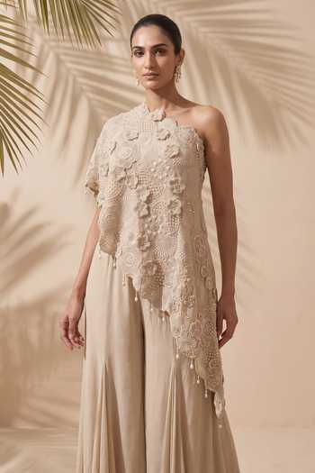 Aneesh Agarwaal Grey Silk Organza, Chiffon One Shoulder Solane Embroidered Cape And Sharara Set Online at Aza Fashions Aneesh Agarwaal_Grey Silk Organza, Chiffon One Shoulder Solane Embroidered Cape And Sharara Set _Online_at_Aza_Fashions