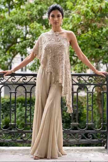 Aneesh Agarwaal Grey Silk Organza, Chiffon One Shoulder Solane Embroidered Cape And Sharara Set at Aza Fashions Aneesh Agarwaal_Grey Silk Organza, Chiffon One Shoulder Solane Embroidered Cape And Sharara Set _at_Aza_Fashions
