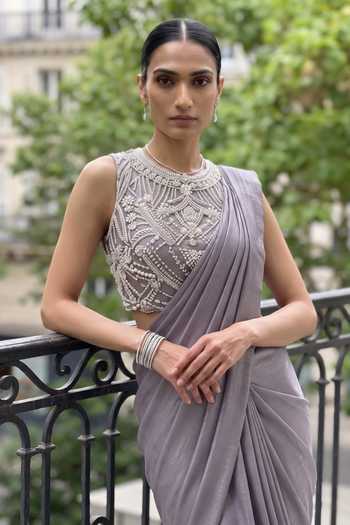 Buy Aneesh Agarwaal Grey Georgette, Velvet, Net Perle Pre-draped Saree With Embroidered Blouse Online at Aza Fashions Buy_Aneesh Agarwaal_Grey Georgette, Velvet, Net Perle Pre-draped Saree With Embroidered Blouse _Online_at_Aza_Fashions