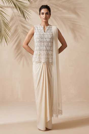Buy Aneesh Agarwaal Ivory Net, Satin Split V-neck Wisteria Embroidered Top And Dhoti Skirt Set Online at Aza Fashions Buy_Aneesh Agarwaal_Ivory Net, Satin Split V-neck Wisteria Embroidered Top And Dhoti Skirt Set _Online_at_Aza_Fashions