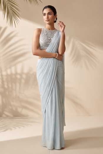 Aneesh Agarwaal Blue Silk, Satin, Chiffon, Net Seren Pre-draped Saree With Embroidered Blouse Online at Aza Fashions Aneesh Agarwaal_Blue Silk, Satin, Chiffon, Net Seren Pre-draped Saree With Embroidered Blouse _Online_at_Aza_Fashions