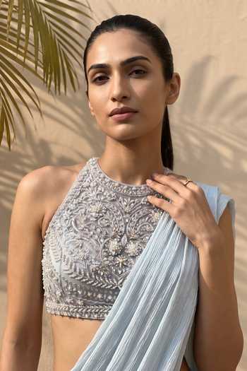 Buy Aneesh Agarwaal Blue Silk, Satin, Chiffon, Net Seren Pre-draped Saree With Embroidered Blouse Online at Aza Fashions Buy_Aneesh Agarwaal_Blue Silk, Satin, Chiffon, Net Seren Pre-draped Saree With Embroidered Blouse _Online_at_Aza_Fashions