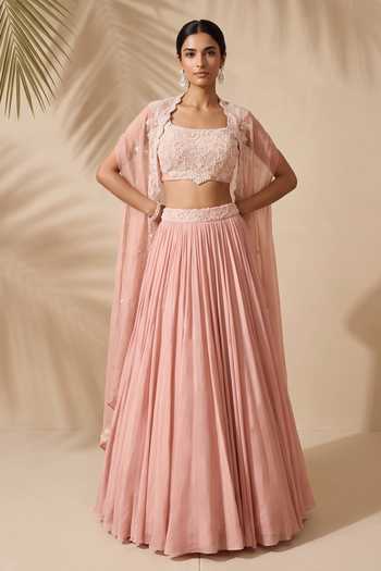 Aneesh Agarwaal Pink Silk Organza, Organza, Satin Square Adalyn Embroidered Pearl Cape Skirt Set Online at Aza Fashions Aneesh Agarwaal_Pink Silk Organza, Organza, Satin Square Adalyn Embroidered Pearl Cape Skirt Set _Online_at_Aza_Fashions