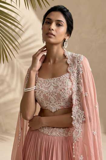 Shop Aneesh Agarwaal Pink Silk Organza, Organza, Satin Square Adalyn Embroidered Pearl Cape Skirt Set Online at Aza Fashions Shop_Aneesh Agarwaal_Pink Silk Organza, Organza, Satin Square Adalyn Embroidered Pearl Cape Skirt Set _Online_at_Aza_Fashions