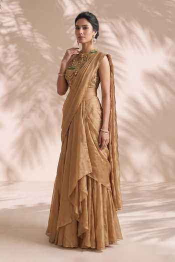 Aneesh Agarwaal Gold Silk, Tissue High Neck Camille Draped Lehenga Saree With Blouse Online at Aza Fashions Aneesh Agarwaal_Gold Silk, Tissue High Neck Camille Draped Lehenga Saree With Blouse _Online_at_Aza_Fashions