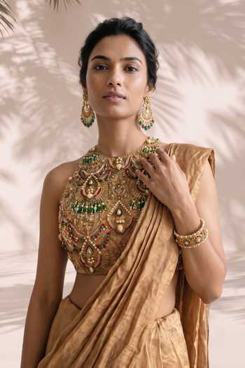 Buy Aneesh Agarwaal Gold Silk, Tissue High Neck Camille Draped Lehenga Saree With Blouse Online at Aza Fashions Buy_Aneesh Agarwaal_Gold Silk, Tissue High Neck Camille Draped Lehenga Saree With Blouse _Online_at_Aza_Fashions