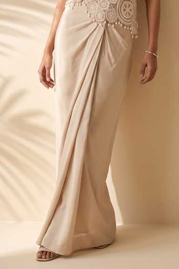 Aneesh Agarwaal_Ivory Organza, Silk, Satin Asymmetric Calista Embroidered Top And Draped Skirt Set _Online_at_Aza_Fashions