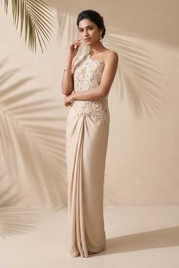 Buy_Aneesh Agarwaal_Ivory Organza, Silk, Satin Asymmetric Calista Embroidered Top And Draped Skirt Set _Online_at_Aza_Fashions