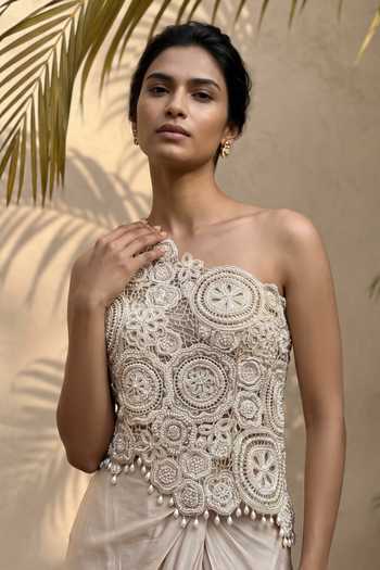 Shop_Aneesh Agarwaal_Ivory Organza, Silk, Satin Asymmetric Calista Embroidered Top And Draped Skirt Set _Online_at_Aza_Fashions