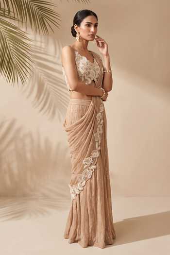 Aneesh Agarwaal_Gold Georgette, Organza Sweetheart Delphine Draped Sharara Saree With Blouse _Online_at_Aza_Fashions