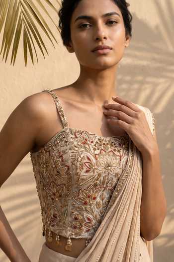Aneesh Agarwaal_Ivory Chiffon, Lurex, Silk Organza Esme Pre-draped Saree With Embroidered Corset _Online_at_Aza_Fashions