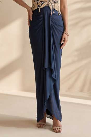 Aneesh Agarwaal Blue Silk, Chiffon High Neck Beryl Embroidered Top And Draped Skirt Set Online at Aza Fashions Aneesh Agarwaal_Blue Silk, Chiffon High Neck Beryl Embroidered Top And Draped Skirt Set _Online_at_Aza_Fashions