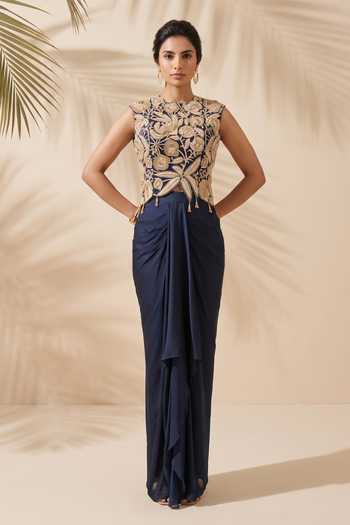 Buy Aneesh Agarwaal Blue Silk, Chiffon High Neck Beryl Embroidered Top And Draped Skirt Set Online at Aza Fashions Buy_Aneesh Agarwaal_Blue Silk, Chiffon High Neck Beryl Embroidered Top And Draped Skirt Set _Online_at_Aza_Fashions