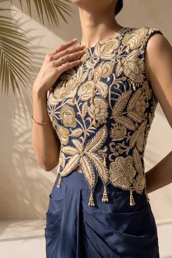 Shop Aneesh Agarwaal Blue Silk, Chiffon High Neck Beryl Embroidered Top And Draped Skirt Set Online at Aza Fashions Shop_Aneesh Agarwaal_Blue Silk, Chiffon High Neck Beryl Embroidered Top And Draped Skirt Set _Online_at_Aza_Fashions