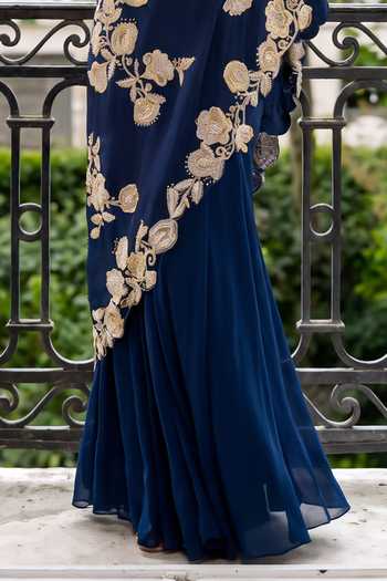 Aneesh Agarwaal Blue Silk Organza, Chiffon One Shoulder Celestine Embroidered Cape And Sharara Set Online at Aza Fashions Aneesh Agarwaal_Blue Silk Organza, Chiffon One Shoulder Celestine Embroidered Cape And Sharara Set _Online_at_Aza_Fashions