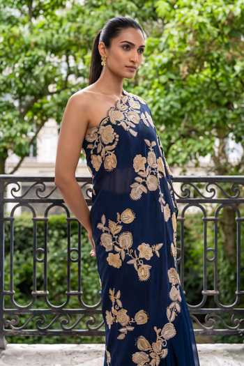 Aneesh Agarwaal Blue Silk Organza, Chiffon One Shoulder Celestine Embroidered Cape And Sharara Set at Aza Fashions Aneesh Agarwaal_Blue Silk Organza, Chiffon One Shoulder Celestine Embroidered Cape And Sharara Set _at_Aza_Fashions