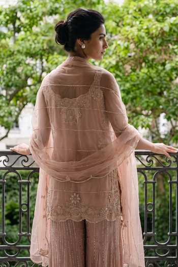 Buy Aneesh Agarwaal Peach Silk Organza, Georgette, Net Square Rosalind Embroidered Kurta Sharara Set Online at Aza Fashions Buy_Aneesh Agarwaal_Peach Silk Organza, Georgette, Net Square Rosalind Embroidered Kurta Sharara Set _Online_at_Aza_Fashions