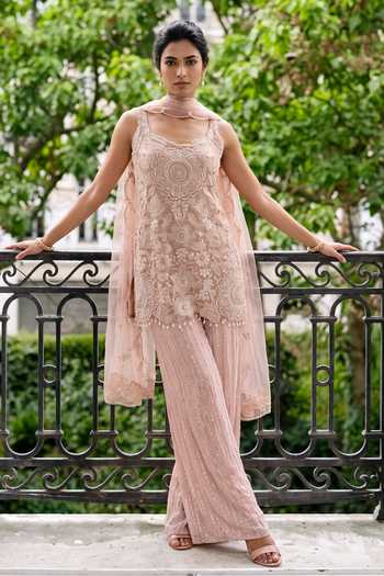 Aneesh Agarwaal Peach Silk Organza, Georgette, Net Square Rosalind Embroidered Kurta Sharara Set at Aza Fashions Aneesh Agarwaal_Peach Silk Organza, Georgette, Net Square Rosalind Embroidered Kurta Sharara Set _at_Aza_Fashions
