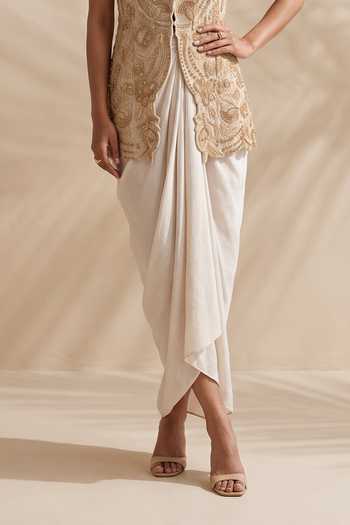 Aneesh Agarwaal Ivory Silk, Organza, Crepe, Theodora Embroidered Jacket And Draped Skirt Set Online at Aza Fashions Aneesh Agarwaal_Ivory Silk, Organza, Crepe, Theodora Embroidered Jacket And Draped Skirt Set _Online_at_Aza_Fashions