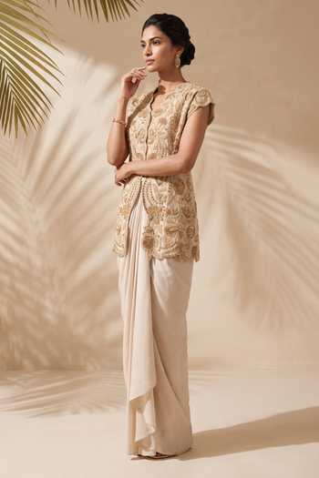 Buy Aneesh Agarwaal Ivory Silk, Organza, Crepe, Theodora Embroidered Jacket And Draped Skirt Set Online at Aza Fashions Buy_Aneesh Agarwaal_Ivory Silk, Organza, Crepe, Theodora Embroidered Jacket And Draped Skirt Set _Online_at_Aza_Fashions