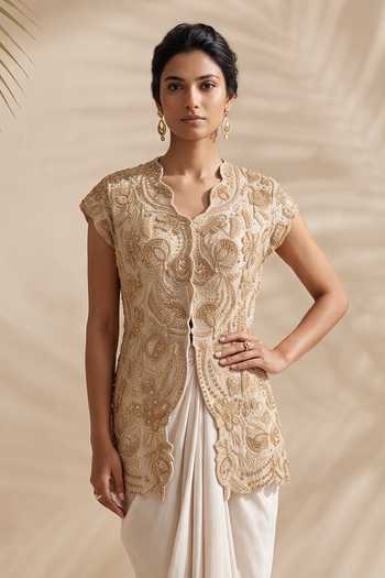 Shop Aneesh Agarwaal Ivory Silk, Organza, Crepe, Theodora Embroidered Jacket And Draped Skirt Set Online at Aza Fashions Shop_Aneesh Agarwaal_Ivory Silk, Organza, Crepe, Theodora Embroidered Jacket And Draped Skirt Set _Online_at_Aza_Fashions