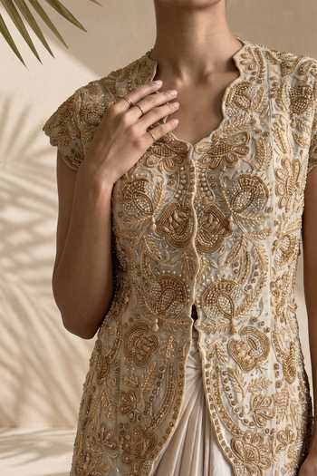 Aneesh Agarwaal Ivory Silk, Organza, Crepe, Theodora Embroidered Jacket And Draped Skirt Set at Aza Fashions Aneesh Agarwaal_Ivory Silk, Organza, Crepe, Theodora Embroidered Jacket And Draped Skirt Set _at_Aza_Fashions