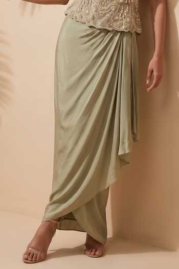 Aneesh Agarwaal Green Organza, Satin Embroidery, Sequins, Laurel Corset And Draped Skirt Set Online at Aza Fashions Aneesh Agarwaal_Green Organza, Satin Embroidery, Sequins, Laurel Corset And Draped Skirt Set _Online_at_Aza_Fashions