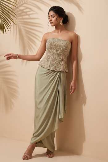 Buy Aneesh Agarwaal Green Organza, Satin Embroidery, Sequins, Laurel Corset And Draped Skirt Set Online at Aza Fashions Buy_Aneesh Agarwaal_Green Organza, Satin Embroidery, Sequins, Laurel Corset And Draped Skirt Set _Online_at_Aza_Fashions