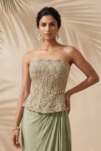 Shop Aneesh Agarwaal Green Organza, Satin Embroidery, Sequins, Laurel Corset And Draped Skirt Set Online at Aza Fashions Shop_Aneesh Agarwaal_Green Organza, Satin Embroidery, Sequins, Laurel Corset And Draped Skirt Set _Online_at_Aza_Fashions