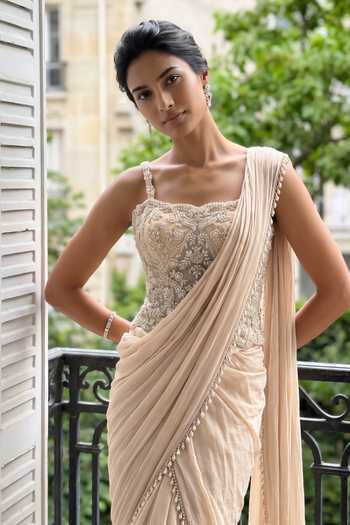 Aneesh Agarwaal Ivory Satin, Chiffon, Organza Florencia Pre-draped Saree With Embroidered Blouse Online at Aza Fashions Aneesh Agarwaal_Ivory Satin, Chiffon, Organza Florencia Pre-draped Saree With Embroidered Blouse _Online_at_Aza_Fashions