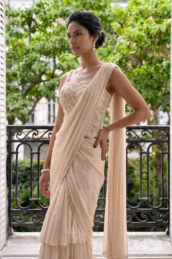 Buy Aneesh Agarwaal Ivory Satin, Chiffon, Organza Florencia Pre-draped Saree With Embroidered Blouse Online at Aza Fashions Buy_Aneesh Agarwaal_Ivory Satin, Chiffon, Organza Florencia Pre-draped Saree With Embroidered Blouse _Online_at_Aza_Fashions