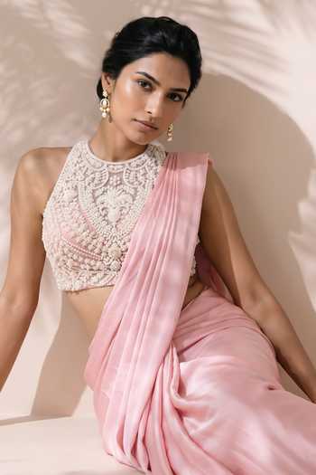Buy Aneesh Agarwaal Pink Silk Satin High Neck Magnolia Pre-draped Saree With Embroidered Blouse Online at Aza Fashions Buy_Aneesh Agarwaal_Pink Silk Satin High Neck Magnolia Pre-draped Saree With Embroidered Blouse _Online_at_Aza_Fashions