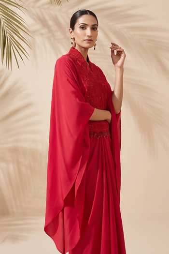 Aneesh Agarwaal Maroon Satin Mandarin Collar Maribel Embroidered Kaftan Top And Dhoti Skirt Set Online at Aza Fashions Aneesh Agarwaal_Maroon Satin Mandarin Collar Maribel Embroidered Kaftan Top And Dhoti Skirt Set _Online_at_Aza_Fashions