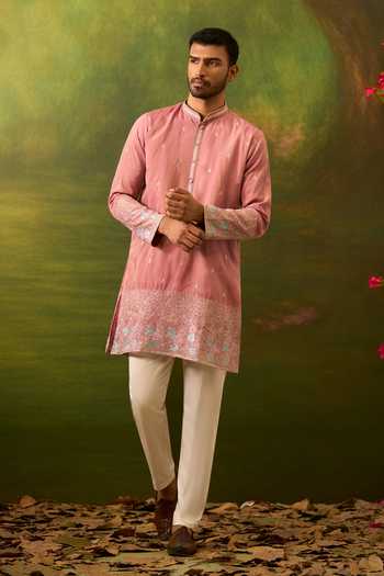 Buy_Arihant Rai Sinha_Pink Silk Floral Woven Kurta Set _Online_at_Aza_Fashions