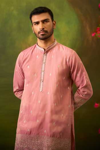 Shop_Arihant Rai Sinha_Pink Silk Floral Woven Kurta Set _Online_at_Aza_Fashions