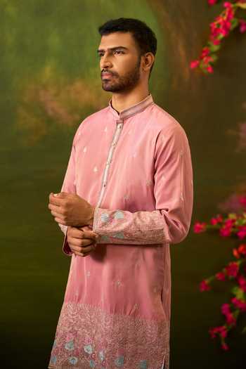 Arihant Rai Sinha_Pink Silk Floral Woven Kurta Set _at_Aza_Fashions
