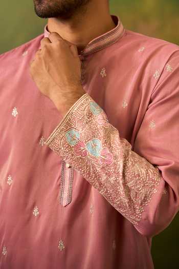 Shop_Arihant Rai Sinha_Pink Silk Floral Woven Kurta Set 
