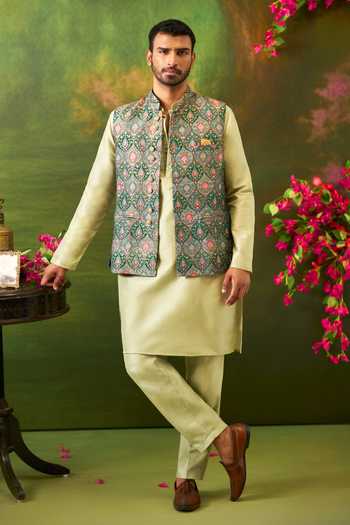 Buy_Arihant Rai Sinha_Green Jacquard, Silk Abstract Pattern Bundi And Kurta Set 