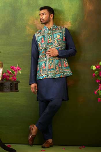 Buy_Arihant Rai Sinha_Blue Jacquard, Silk Abstract Woven Bundi And Kurta Set 
