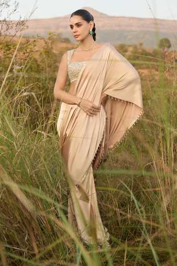 Buy_Aaryaa By Kashveen Kohli_Rose Gold Satin, Net Square Dewfall Pre-draped Saree With Embroidered Blouse _Online_at_Aza_Fashions