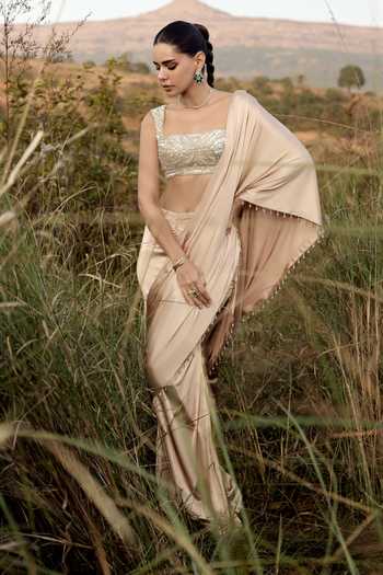 Shop_Aaryaa By Kashveen Kohli_Rose Gold Satin, Net Square Dewfall Pre-draped Saree With Embroidered Blouse _Online_at_Aza_Fashions