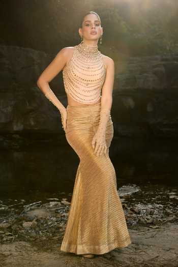 Aaryaa By Kashveen Kohli Amber Pleated Shimmer Skirt & Blouse Set 