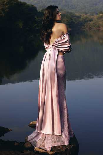 Aaryaa By Kashveen Kohli Pink Net, Satin Bandeau Neck Roselle Mermaid Skirt Set With Bow Cape Online at Aza Fashions Aaryaa By Kashveen Kohli_Pink Net, Satin Bandeau Neck Roselle Mermaid Skirt Set With Bow Cape _Online_at_Aza_Fashions